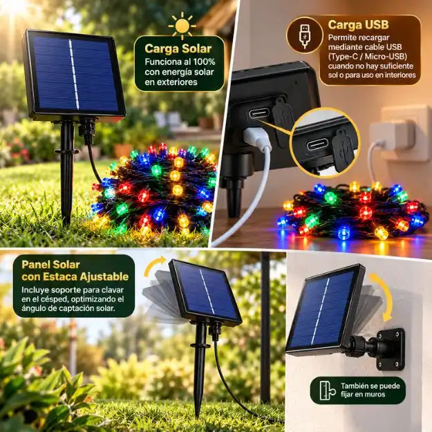 EXTENSIÓN DE LUCES SOLAR 10 METROS MULTICOLOR  -Con Carga Solar, USB y Control