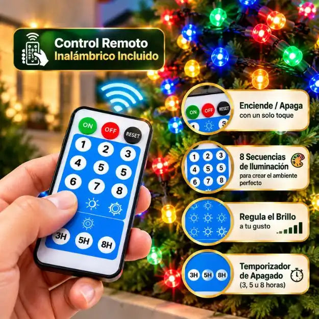 EXTENSIÓN DE LUCES SOLAR 10 METROS MULTICOLOR  -Con Carga Solar, USB y Control