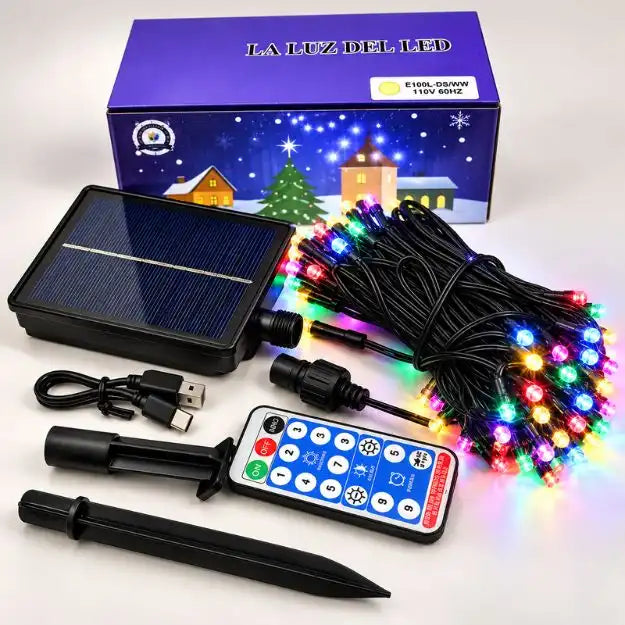 EXTENSIÓN DE LUCES SOLAR 10 METROS MULTICOLOR  -Con Carga Solar, USB y Control