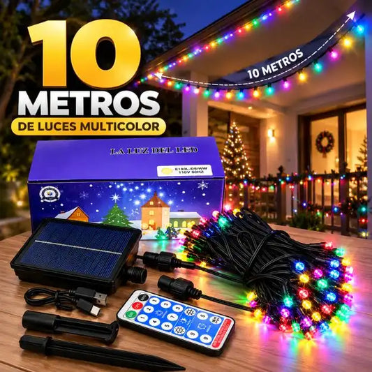 EXTENSIÓN DE LUCES SOLAR 10 METROS MULTICOLOR  -Con Carga Solar, USB y Control